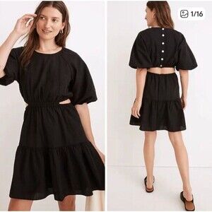 Madewell Seersucker Black Puff Sleeve Cutout Mini Dress Size Medium Preppy